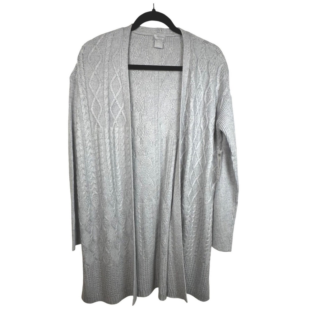Chicos NWT Cashmere Blend Cable Knit Cardigan Duster Sweater Gray Fisherman S